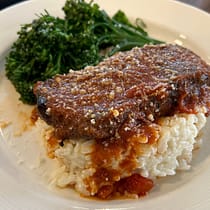 Tomato Braised Beef over Creamy Parmesan Rice with Broccoli